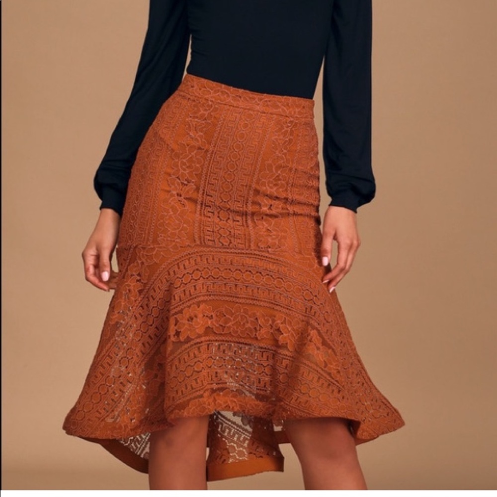 Lulus In High Spirits Rust Red Lace Mermaid Midi Skirt